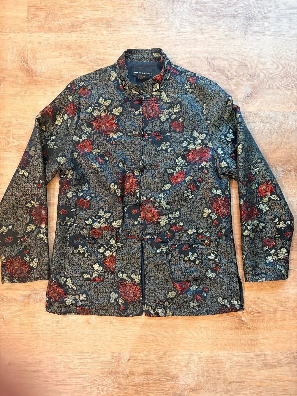 Vintage Robert Louis Brocade Mandarin Jacket Black Red Floral Silk blend